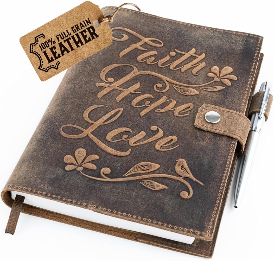 moonster Vintage Leather Journal – Vintage Travel Diary for Journaling with Embossed Bible Cover Faith, Hope, Love, Refillable Leather Bound A5 Notebook for Women, Writing Journal with Pen