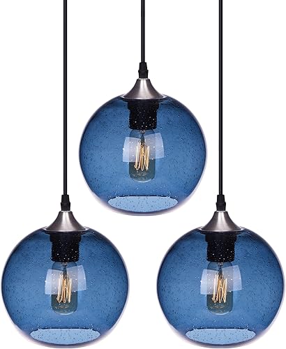 ARIAMOTION Iluminación colgante para isla de cocina, paquete de 3 lámparas colgantes de cristal, globo azul moderno, burbuja sembrada de 7.4
