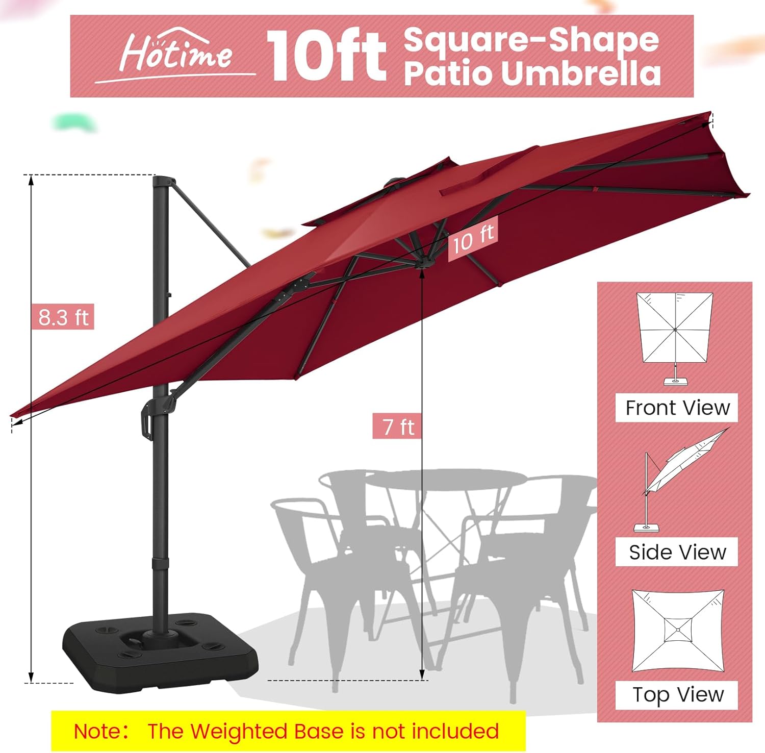 Hotime 10ft Patio Cantilever Umbrella Deck Offset Double Roof Umbrellas,sombrillas de patio Large Rectangular tilt umbrella with 360°Rotation &Heavy-Duty Aluminum Frame,for Poolside Garden Patio,Red