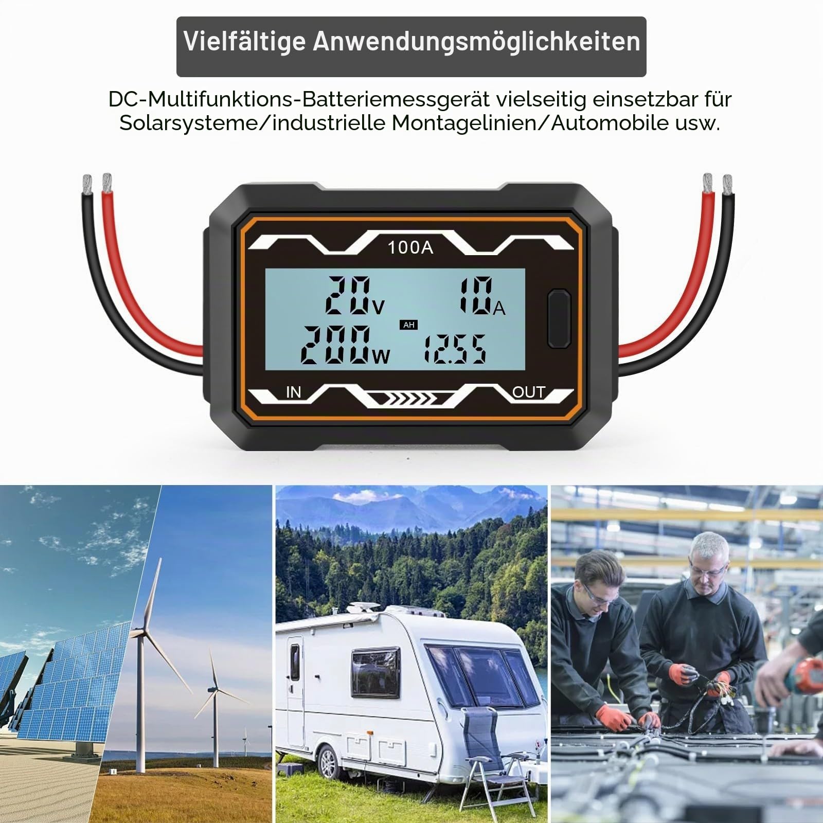 Solar Power Analyzer, 100/150/200A Digital Monitor Ampere Watt Meter mit Hintergrundbeleuchtung LCD Bildschirm RC Batterie Solar Power Meter Analyzer (100A)