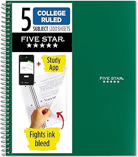 Five Star Caderno espiral + aplicativo de estudo, 5 assuntos, papel pautado universitário, combate o sangramento de tinta, capa resistente à água, 200 folhas, verde (72079)