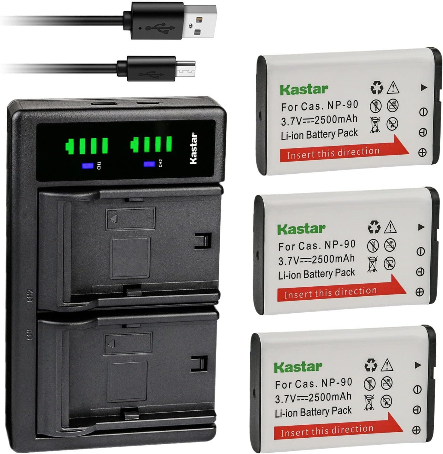 Kastar3-Pack CNP-90 Battery and LTD2 USB Charger Replacement for Casio NP-90 NP-90DBA Battery, Casio BC-90L Charger, Casio Exilim EX-FH100, Exilim EX-FH100BK, Exilim EX-H10, Exilim EX-H15 Camera