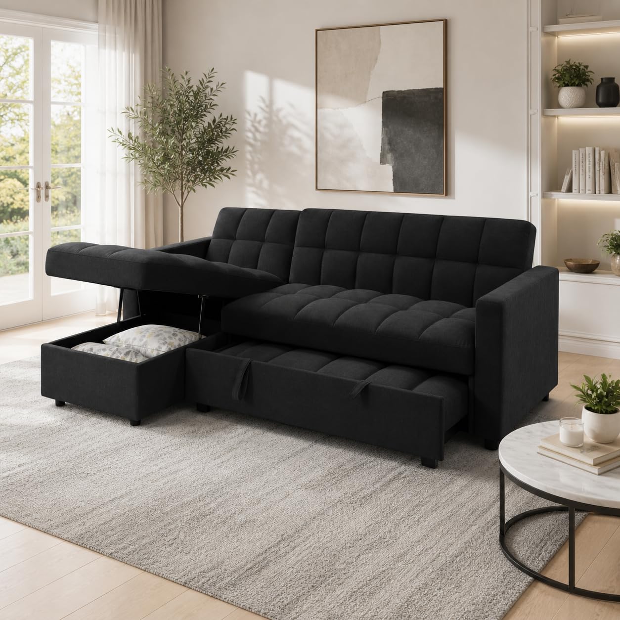 Sofá Cama Chaise Longue 3 Plazas Kris 210 x 145 cm, Cheslong Reversible con Arcón y Almacenamiento, Sistema de Arrastre, Tapizado Terciopelo Negro, Armazón Pino Macizo, Salón