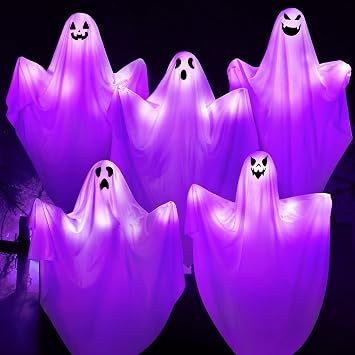 5Pack Halloween Hanging Ghost with Spooky Purple LED Light,27.5 Light up Flying Ghost Outdoor Hanging Ghosts Decorations for Front Porch Tree Patio Lawn Garden Party Decoration