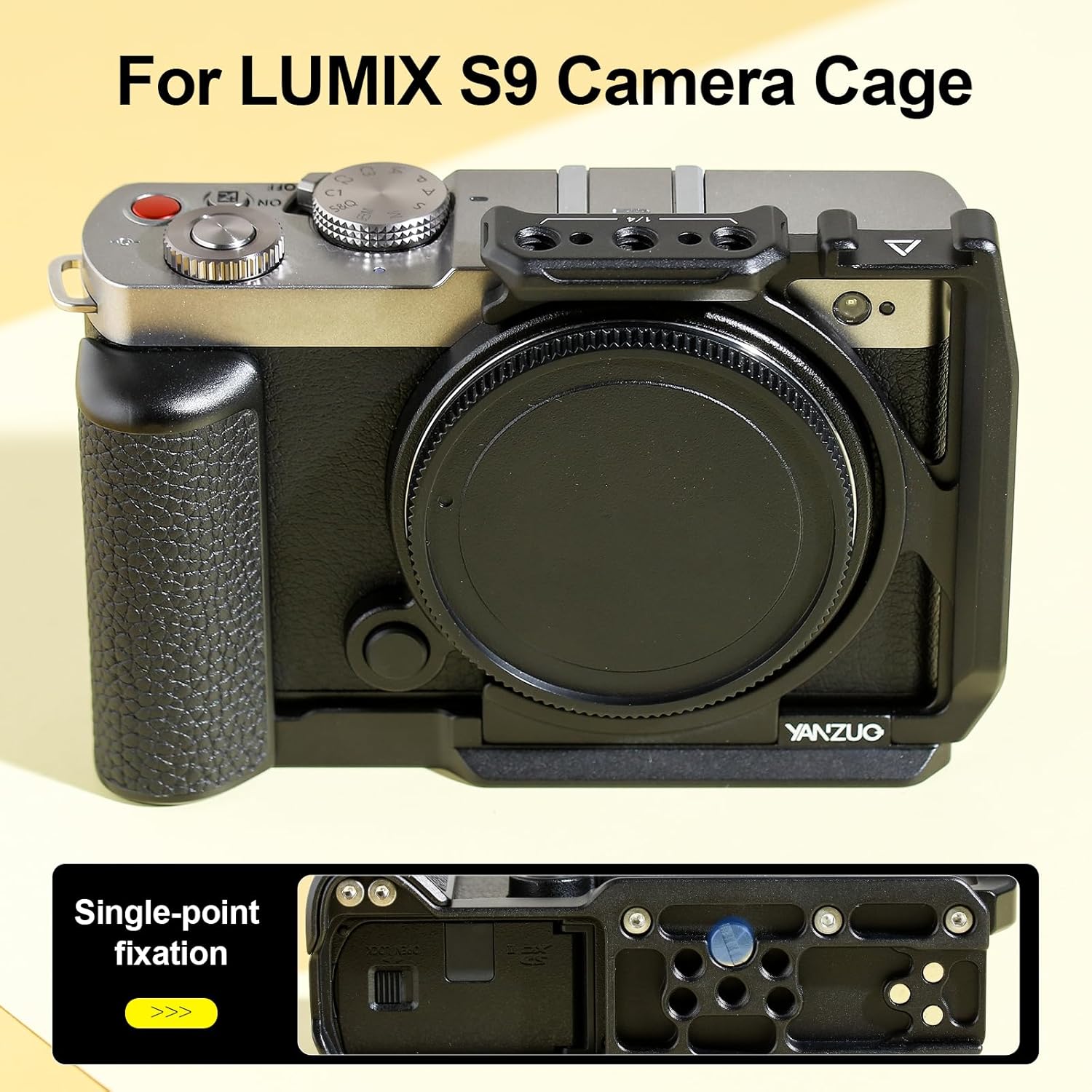 Camera Cage for LUMIX S9, Ultra-Light 100g Genuine Leather & Aluminum Rig, 8 Color Options with Arca-Swiss Base & Cold Shoe for Vlogging & Travel (Black)