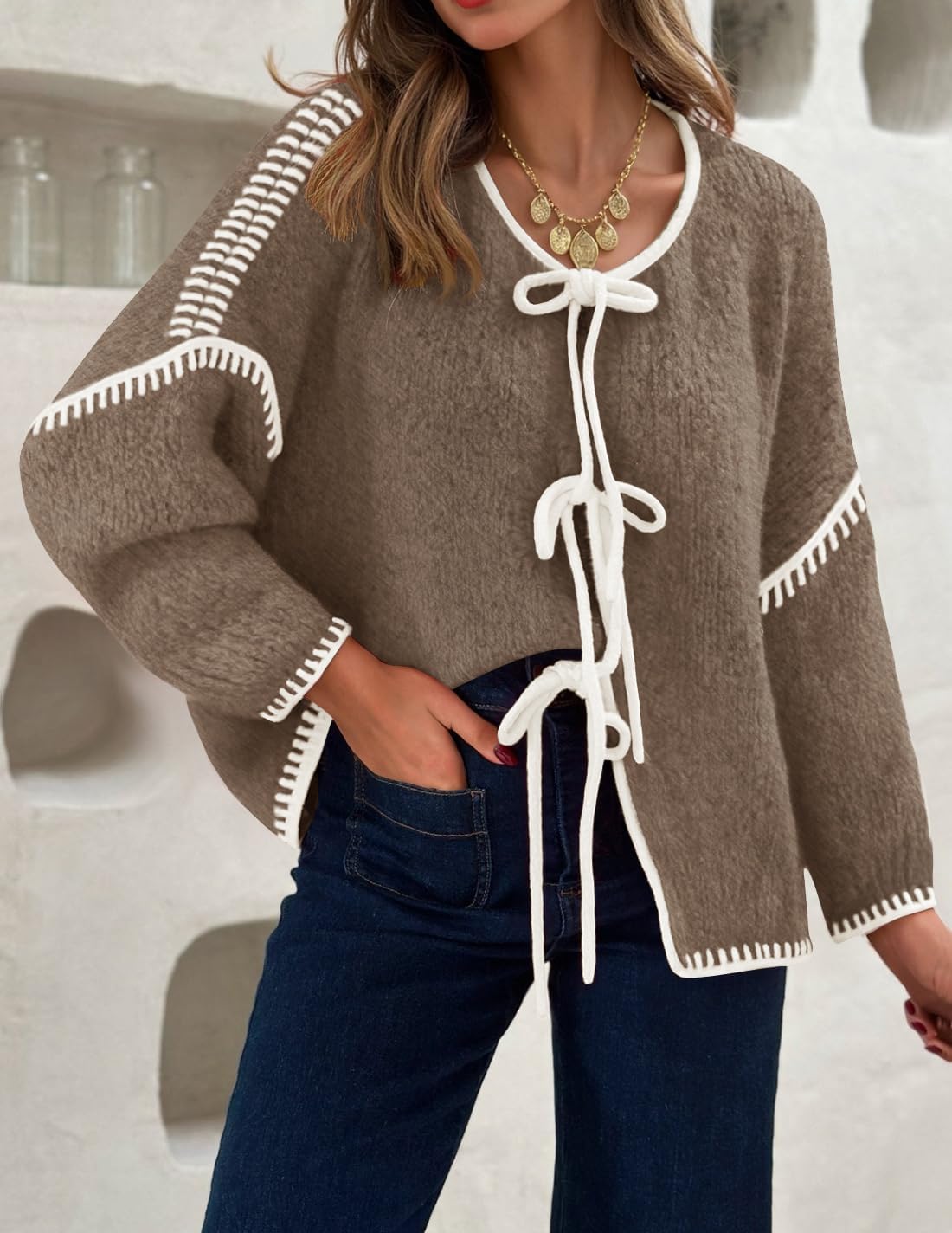 ZESICA Crdigans for Women Trendy 2026 Tie Front Bow Sweaters Casual Long Sleeve Winter Clothing Coats - Image 8