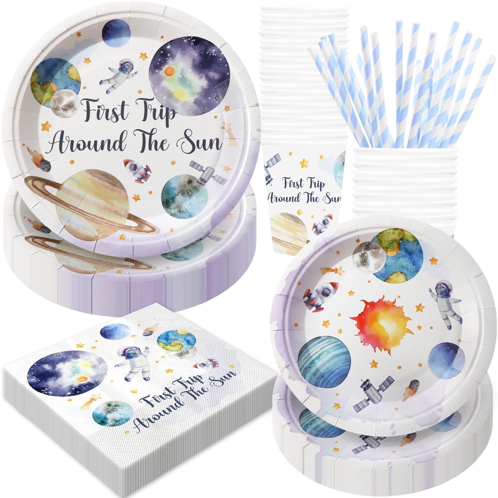 120 Pezzi Decorazioni per Feste di Compleanno a Tema First Trip Around the Sun, Articoli per Feste a Tema 1st Space Party, Stoviglie Monouso | Per 24