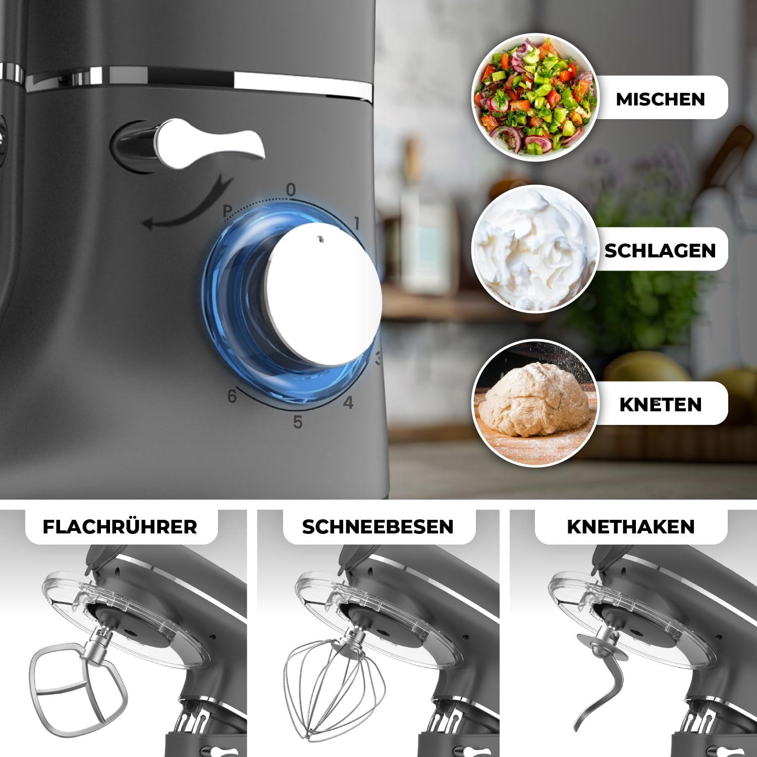 Kuchenmaschine mit Nudelmaschine – 2000W – Knetmaschine mit Nudelmaschine Elektrische – Pasta Maker - 6,2L Edelstahl Rührschüssel (Grau)