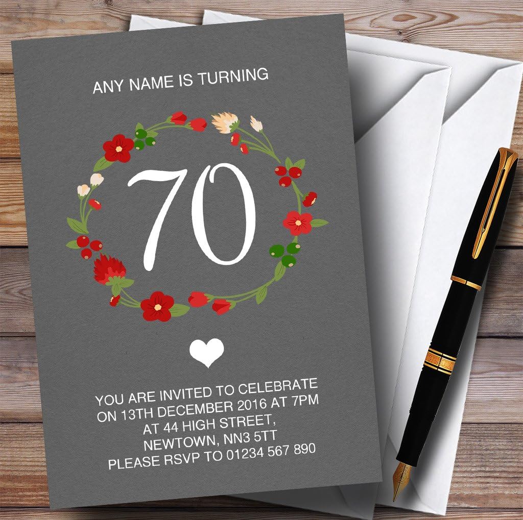 Red Floral Wreath Grey Rustic 70th Personalized Birthday Party Invitations
