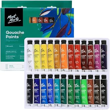 Mont Marte Signature Gouache Paint, 24 x 0.4oz 12ml, Semi-Matte Finish, 24 Colors, Suitable for use with Canvas, Watercolor Paper, Watercolor Paints and Mixed Media