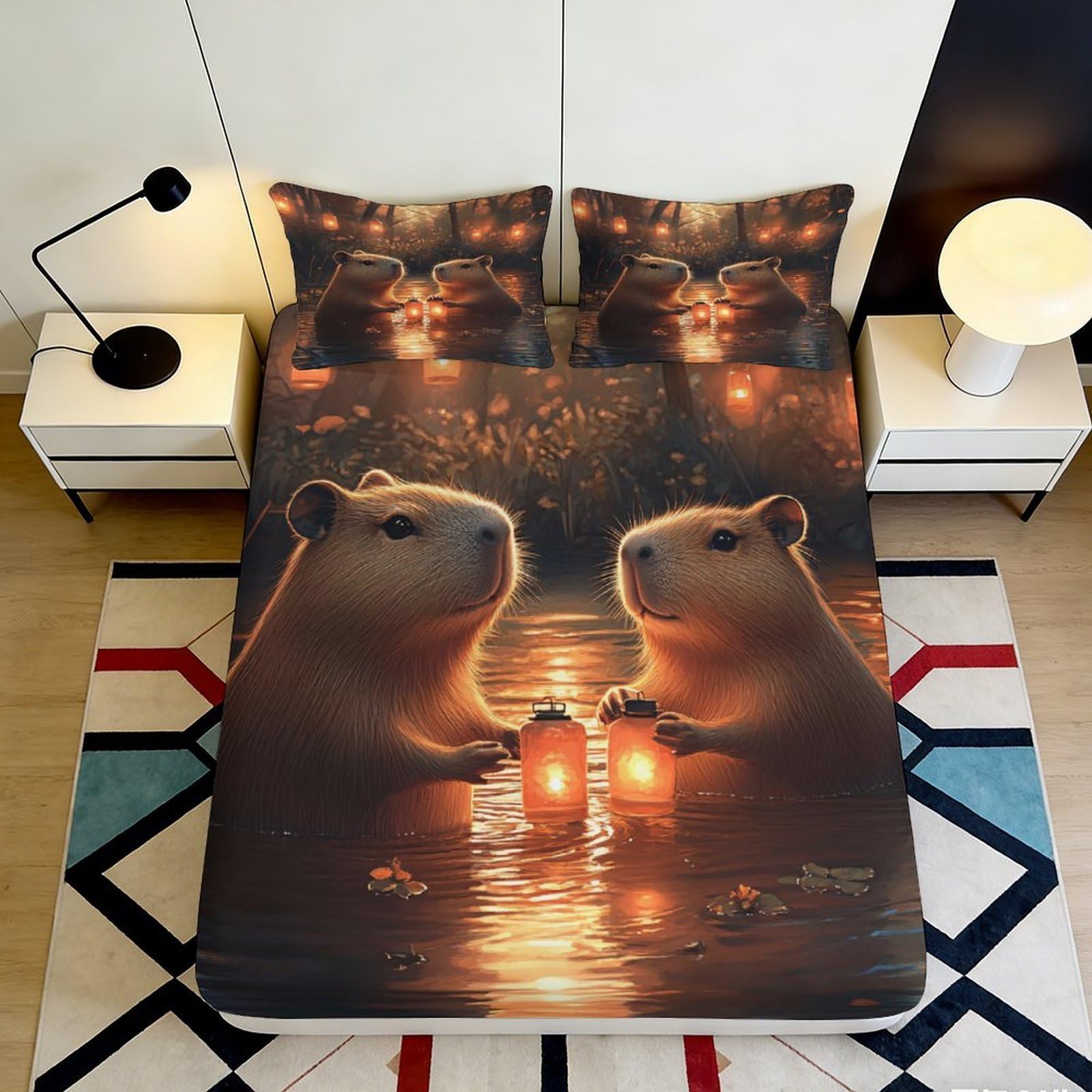 3D Printed Beaver Night Scene Fitted Sheet Microfiber Deep Pocket Non-Slip Beaver Lantern Mattress Fitted Cover for Bedroom 180x200x25cm