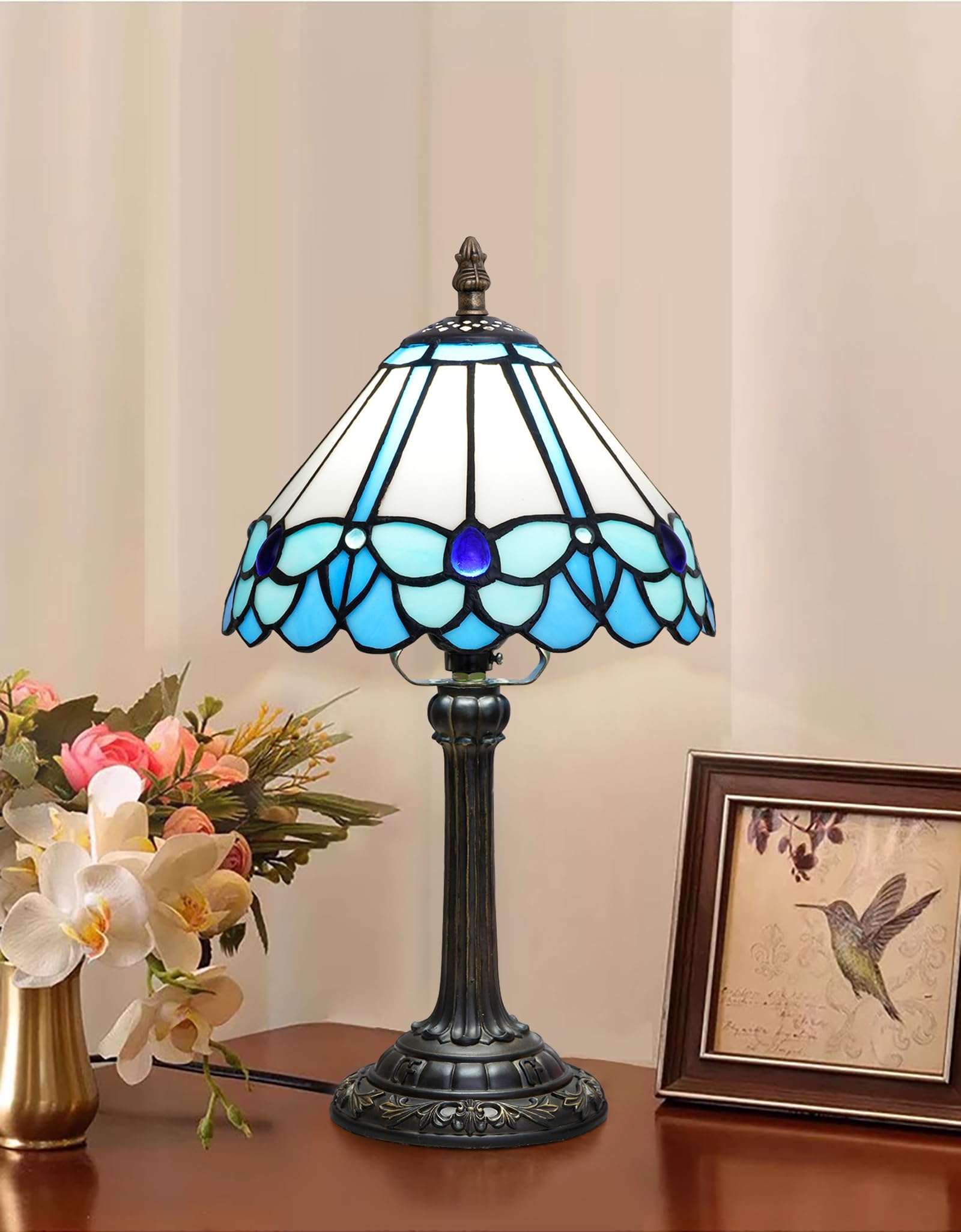Tiffany lampa niebieska w stylu motyla, lampa do czytania, 8 x 8 x 14 cali, do sypialni, stolik nocny, lampka nocna, do domu, biura, lampa na biurko z żarówką LED
