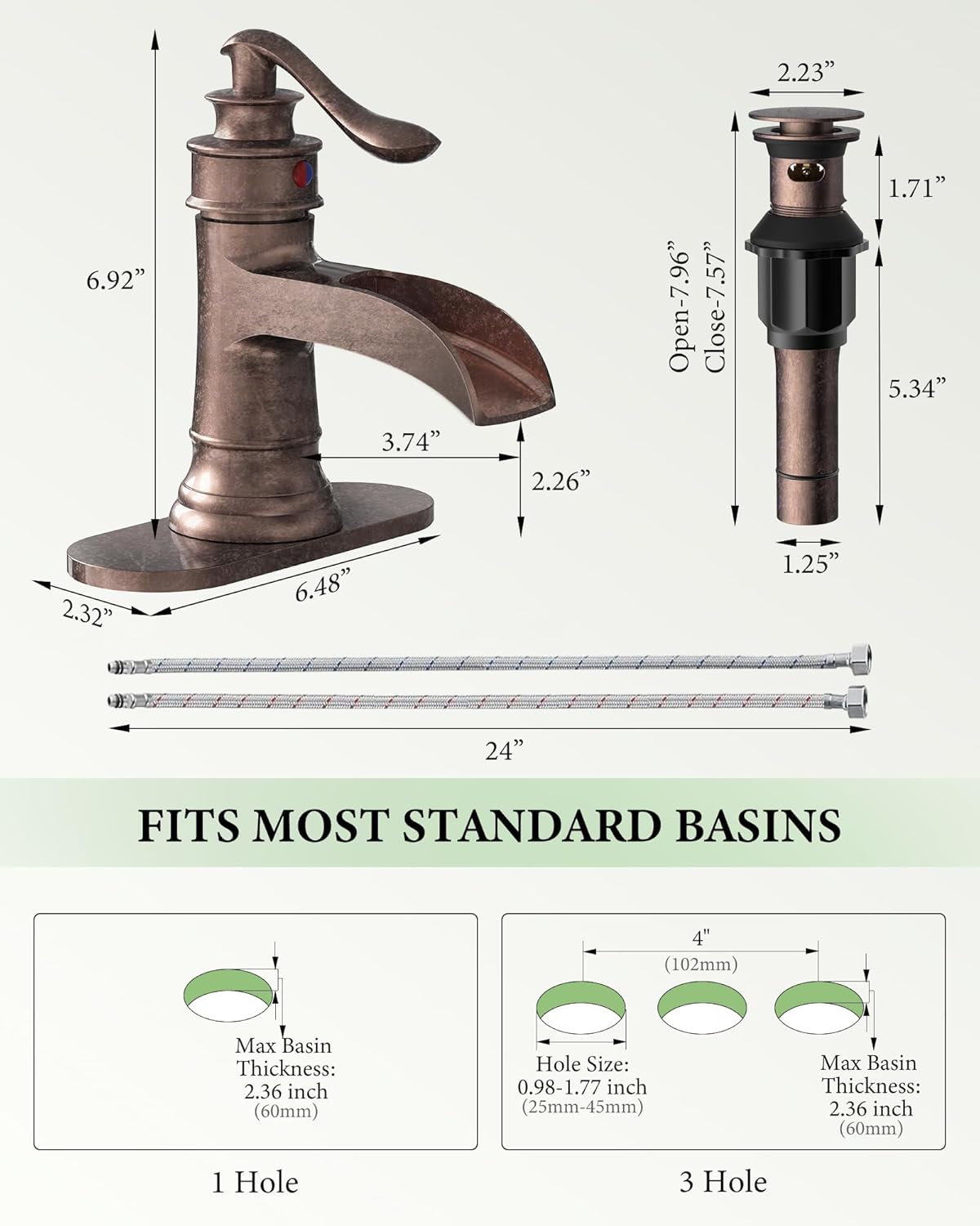 Homevacious Bathroom Faucet Copper Waterfall Bathroom Sink Faucets with Single Handle Rustic Vanity Farmhouse RV Faucet Suitable for 1 or 3 Holes with Pop-up Drain Deck Plate Hose - Image 2