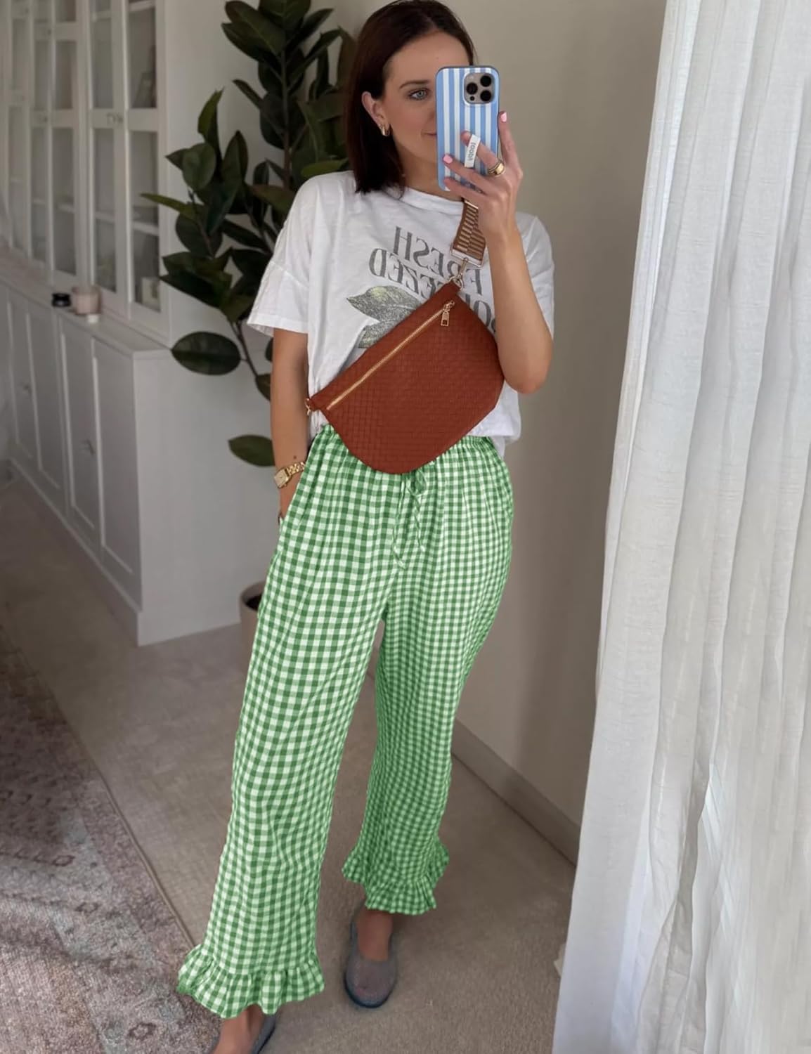 Flygo Womens Plaid Pajamas Sets 2 Piece Cotton Pj Set Puff Sleeve Ruffle Babydoll Shirt Gingham Pants Lounge Sets - Image 5