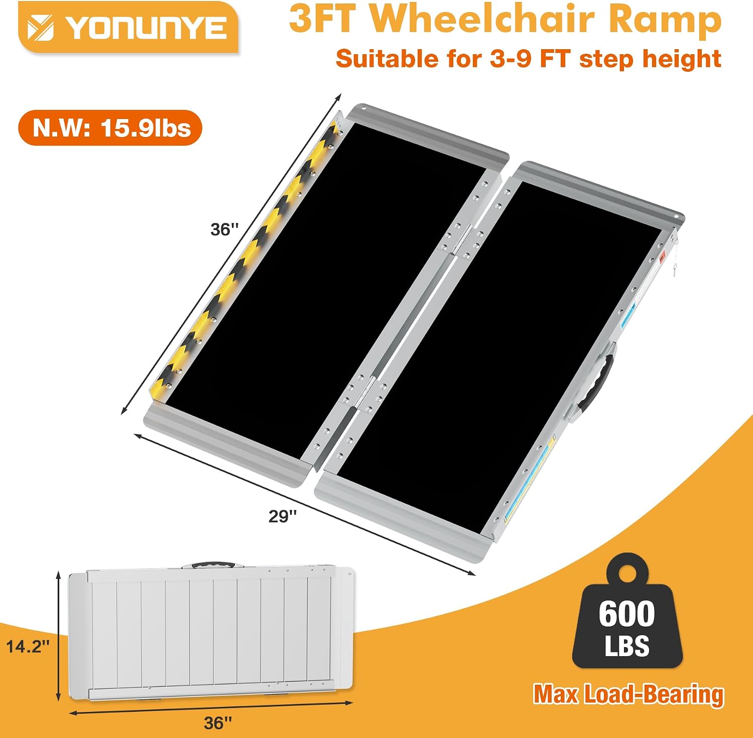 Portable Wheelchair Ramp 3FT, Aluminum Foldable Handicap Ramp, Weight Capacity Up to 600 LBS, Anti-Slip Threshold Ramp for Wheelchairs for Home, Stairs, Steps, Doorways