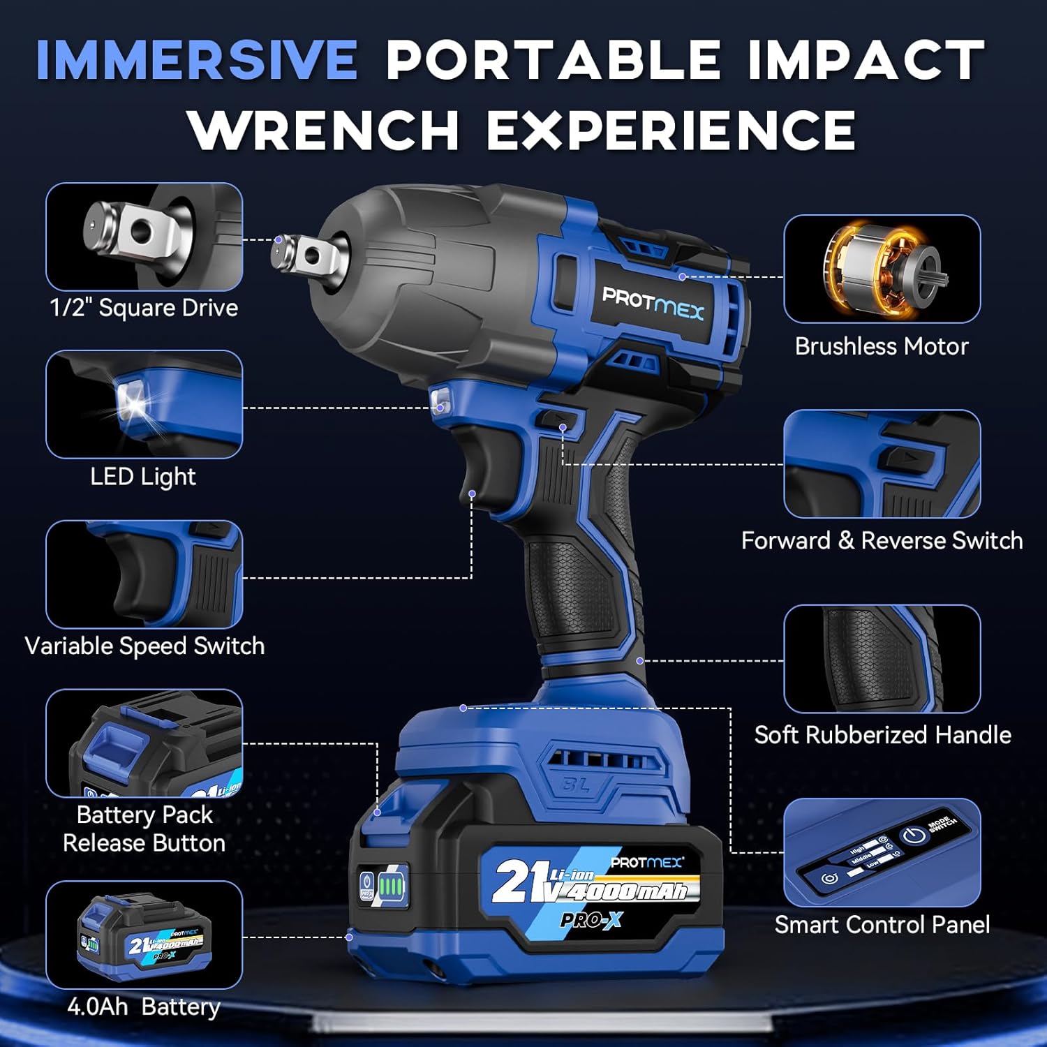 Protmex 900Ft-lbs (1200N.m) Impact Wrench, 1/2" Cordless Impact Gun, 21V High Torque Brushless Impact Driver, 2x4.0Ah Batteries Electric Impact Motor Variable Speeds for Car/Pickup Truck/Mower, Blue