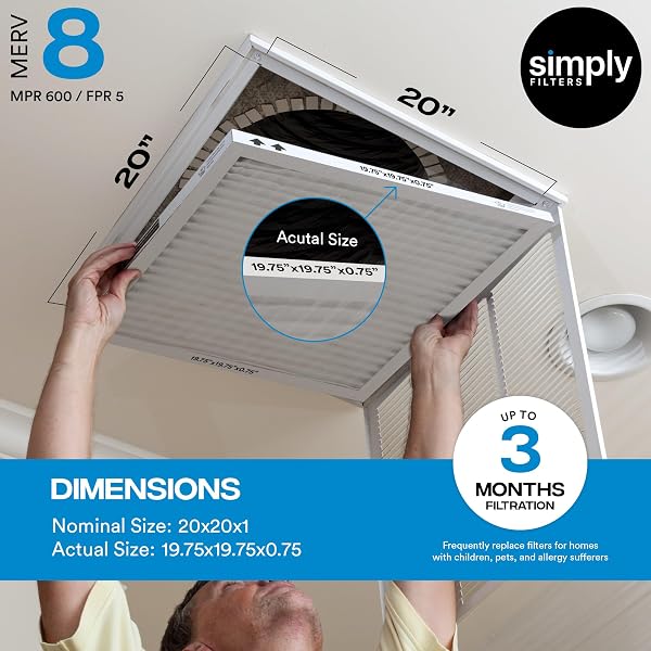 Simply 20x20x1 Air Filter, Merv 8, MPR 600, 6 Pack, Furnace Air Filter for HVAC (Actual Size: 19.75"x19.75"x0.75") DUST, Pet, & Allergy Control - 3