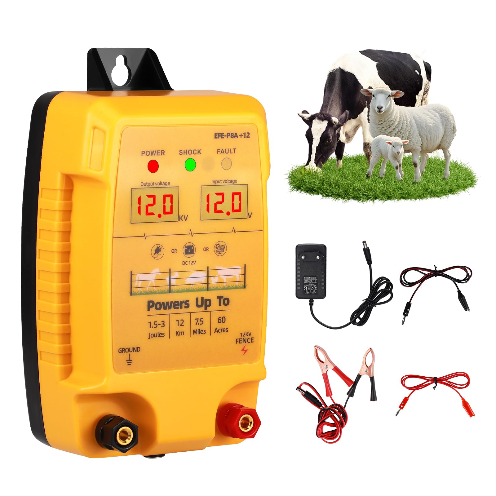 12 V Valla eléctrica para valla de pasto con indicador LED, 2 J 10 kV, resistente al agua, para 12 km de alcance, pantalla LED, valla electrónica para ganado, ovejas, aves, ganado, dispositivo de