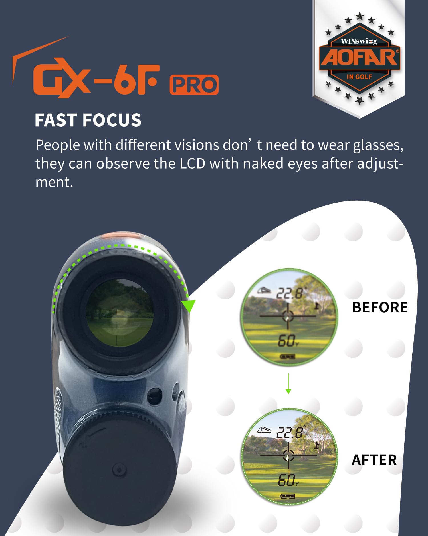 AOFAR GX-6F PRO Telemetro golf con Pendenza, 600Y, Telemetro a Scansione Continua, Blocco Bandiera Con Vibrazione Pulsata Per Le Competizioni, Lettura Di 0,2 Secondi, Versione Aggiornata