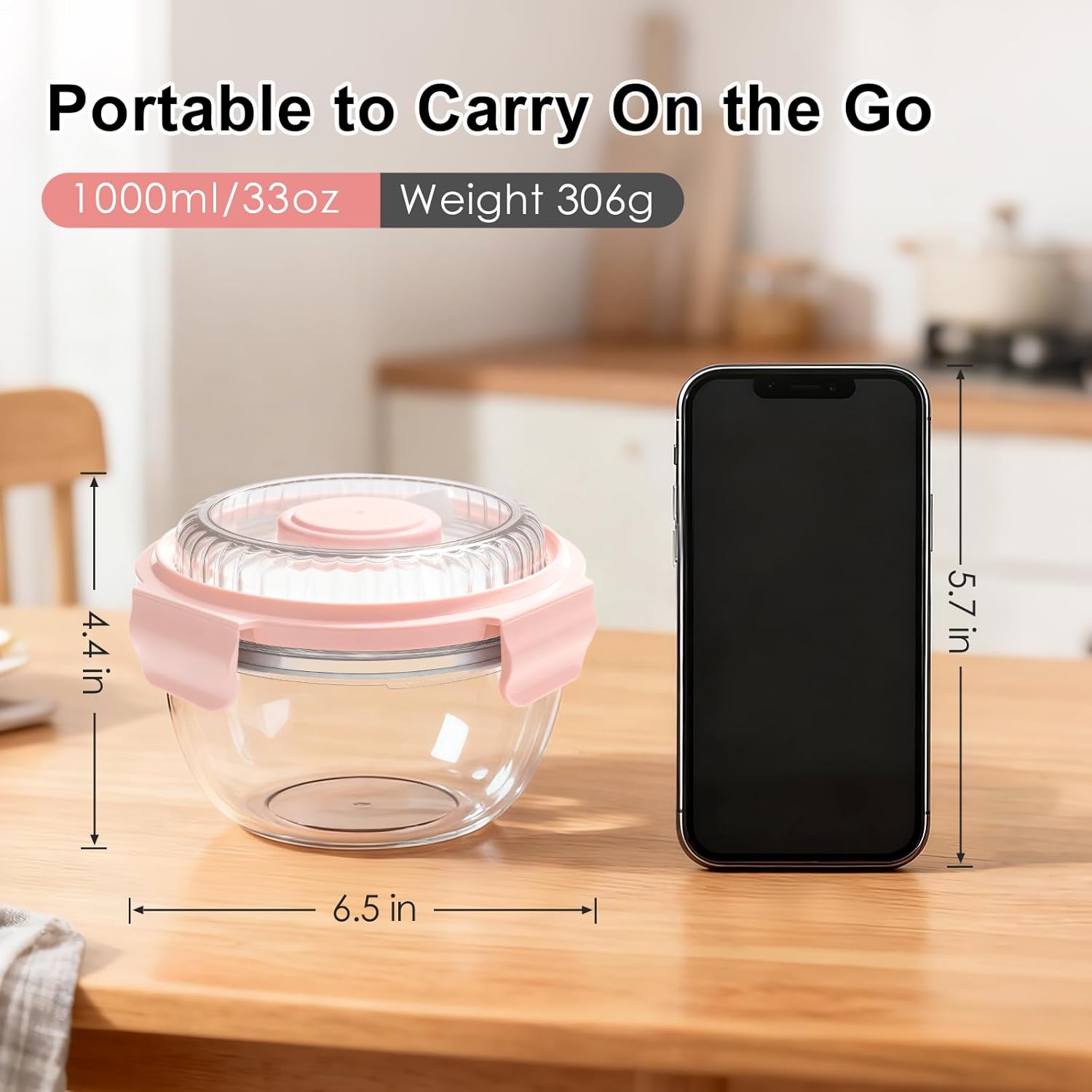 WHALEHOUSE Clear Eco-friendly SK chemicals ECOZEN Salad Container, 33OZ Portable Plastic Salad Bowls with Lid & Snack Tray, Leak-Proof Dressing Container, Reusable Fork, Lunch Box for Meal Prep (Pink) - Image 6