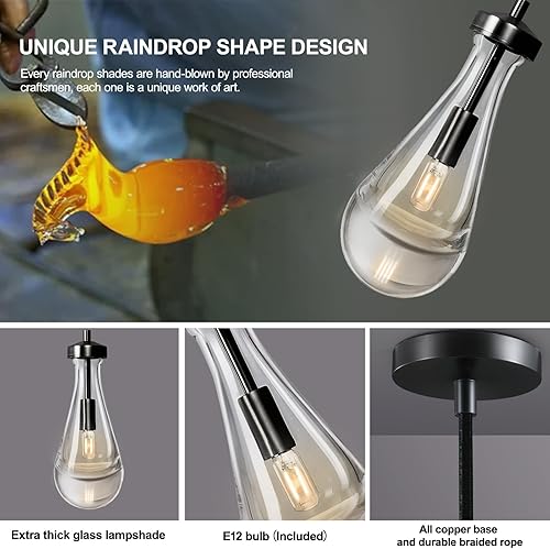 Miniatura 7 de Juego de 2 luces colgantes modernas de gota de lluvia, luces colgantes para isla de cocina, paquete de 2, luz colgante negra, luces de isla para