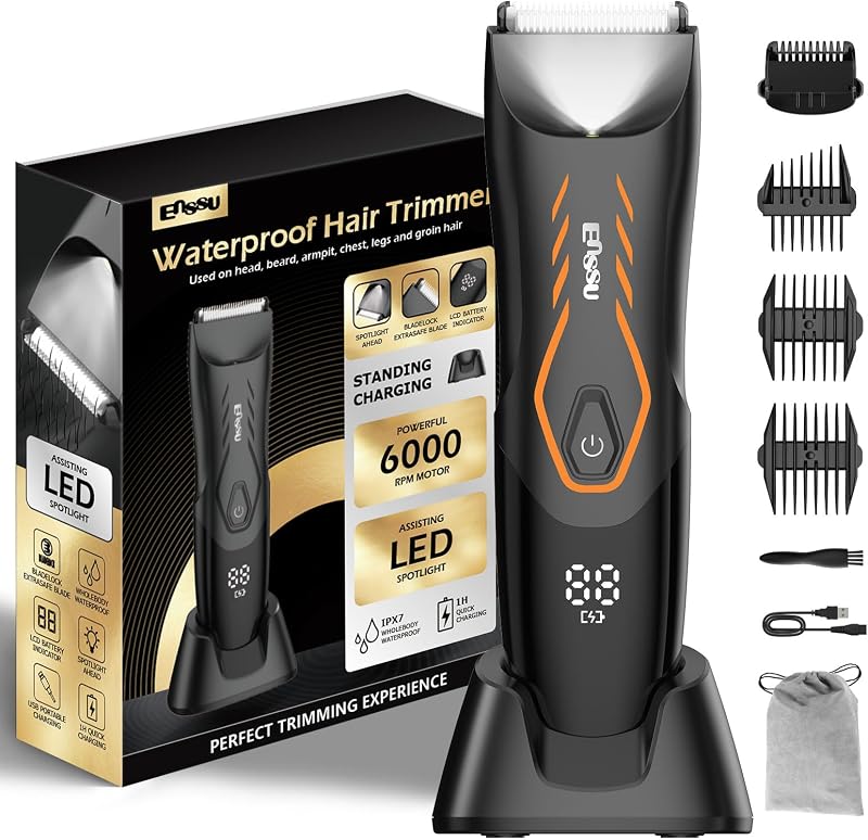 Aparador corporal masculino ENSSU com luz LED, lâmina e 3 pentes, 6 comprimentos, IPX7