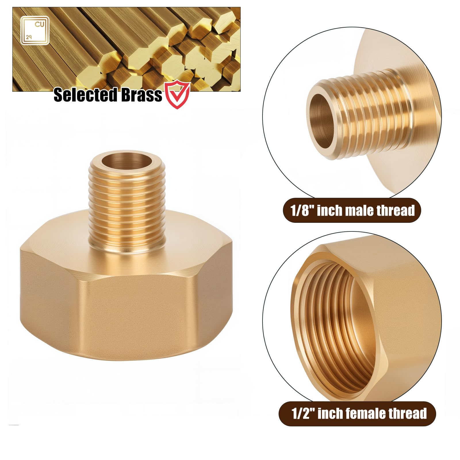 Lot de 2 adaptateurs réducteurs en laiton AG/IG 1/8" mâle vers 1/2" femelle | Convertisseur de connexion de tuyau durable avec joint en caoutchouc pour systèmes eau/gaz/liquide