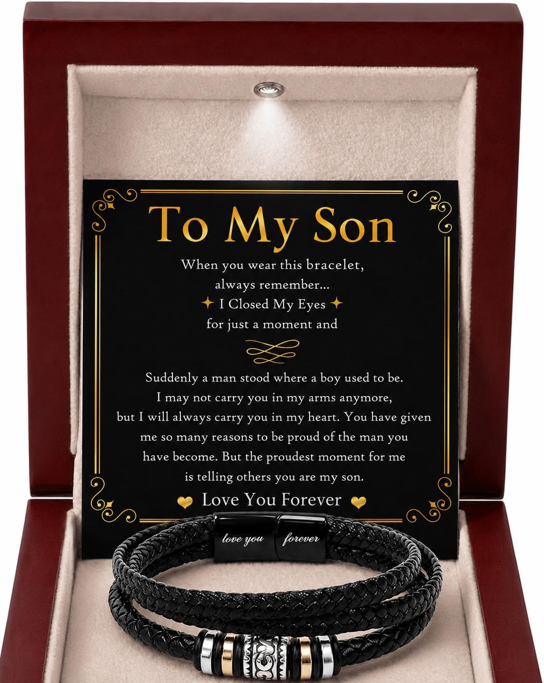 Bracelet To My Son – Braided Leather Bracelet From Father & Mother With Heartfelt Message & Elegant Box, Love You Forever – Always By Your Side, Gift Son For Christmas, Graduation, Birthday
