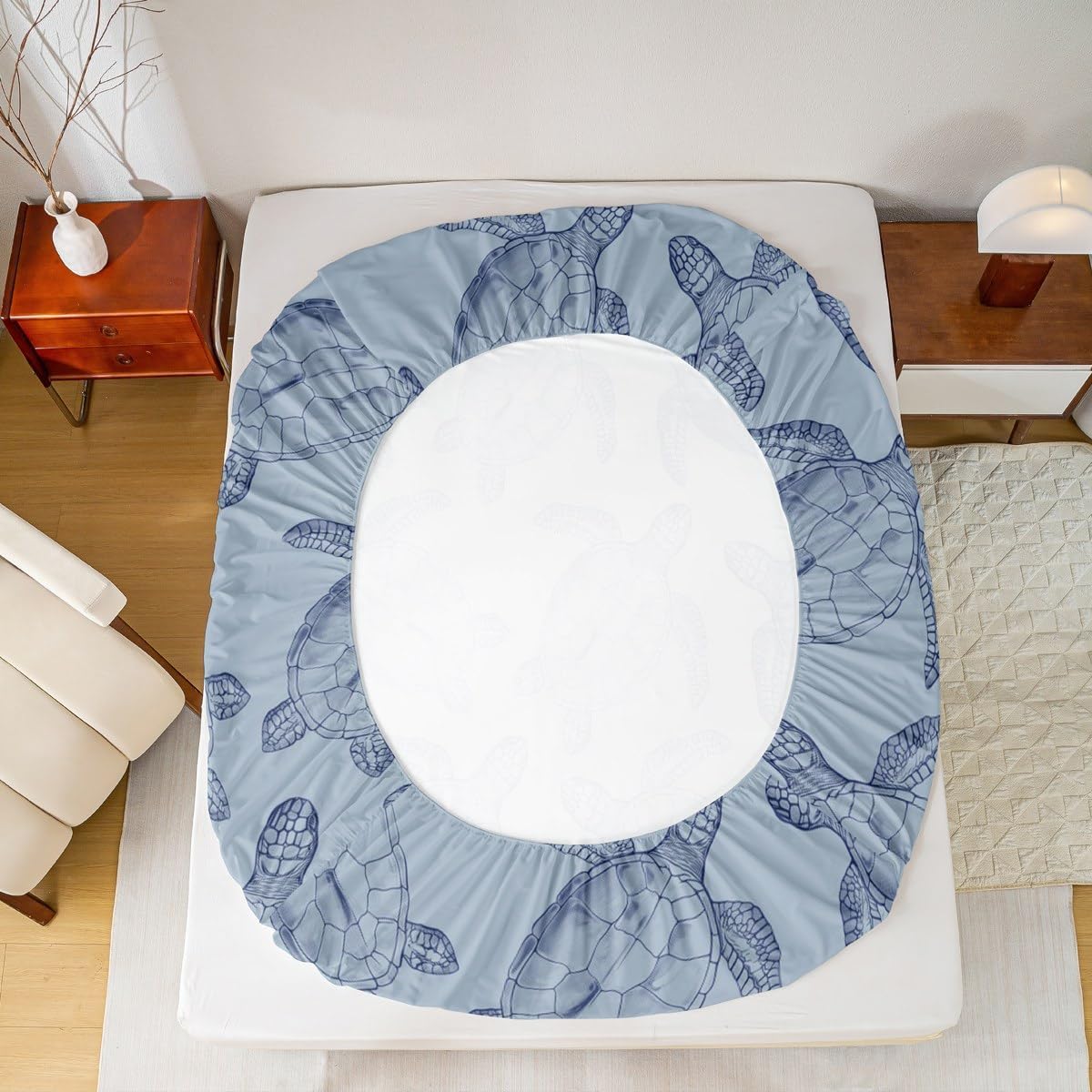 Sea Turtle Fitted Sheet Full for Boys Kids Teens,Nautical Ocean Animal Silhouette Bedding Set(No Top Sheet),Navy Coastal Bed Sheets,Rustic Summer Farmhouse Style Bed Cover,2 Pillowcases