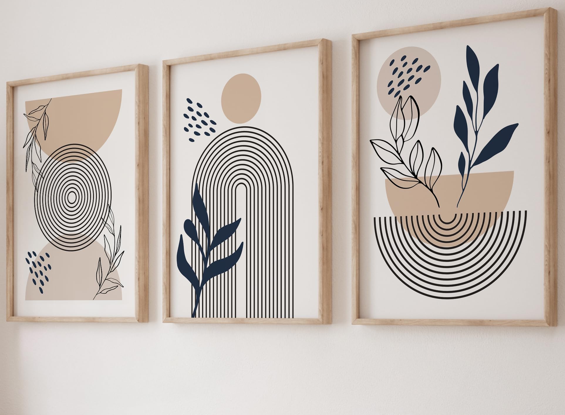Eviepops Prints Set of 3 Unframed Boho Wall Art Prints, Modern Geometric Botanical Posters, Neutral Midnight Blue Abstract Leaf Art, Minimalist Home Decor for Lounge Bedroom Kitchen Office (A3)