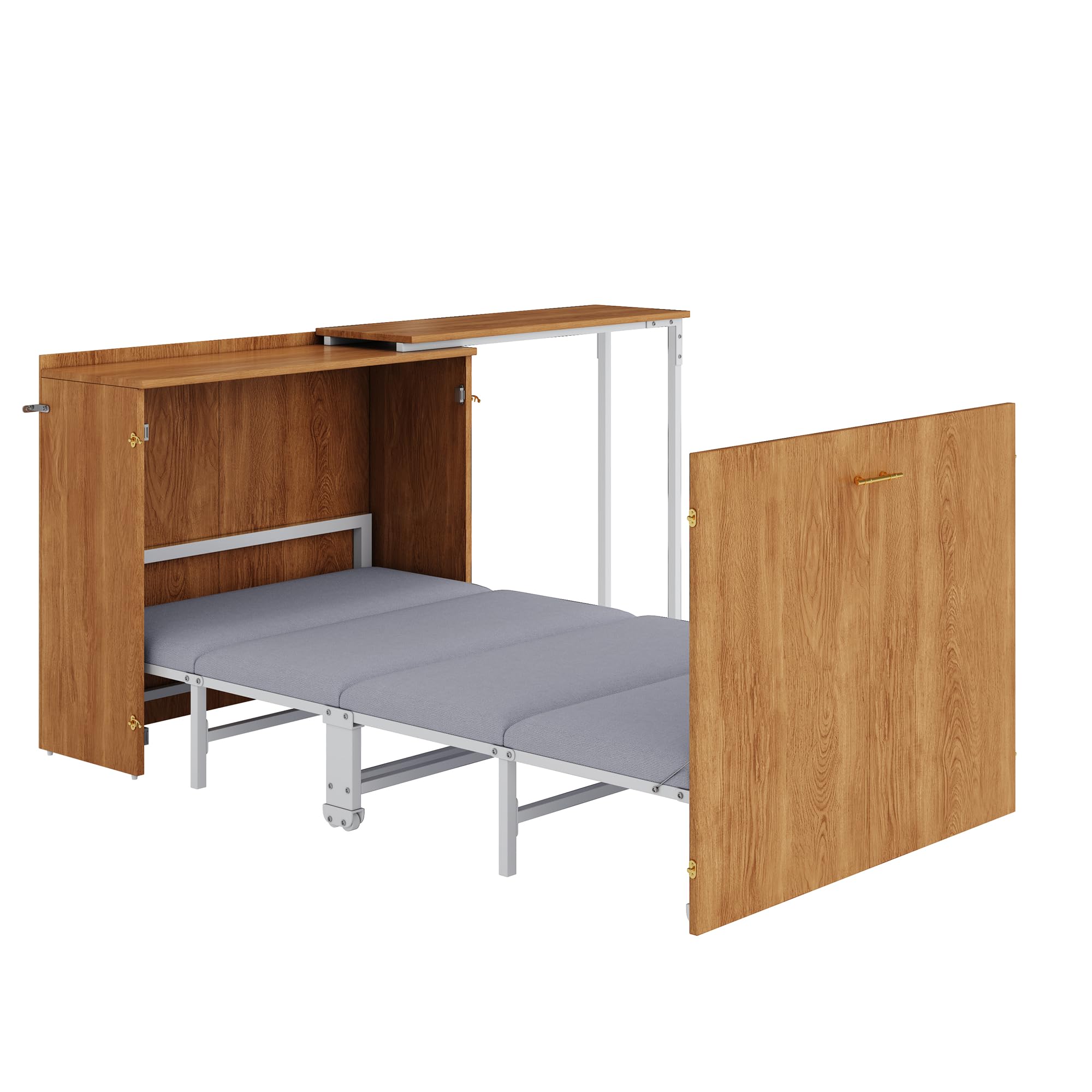 Merax Klappbett 90x200 cm, mit drehbarem Schreibtisch & Matratze, platzsparendes Schrankbett mit Rollen, faltbares Wandbett für kleine Räume, Gästezimmer & Homeoffice, inkl. Matratze