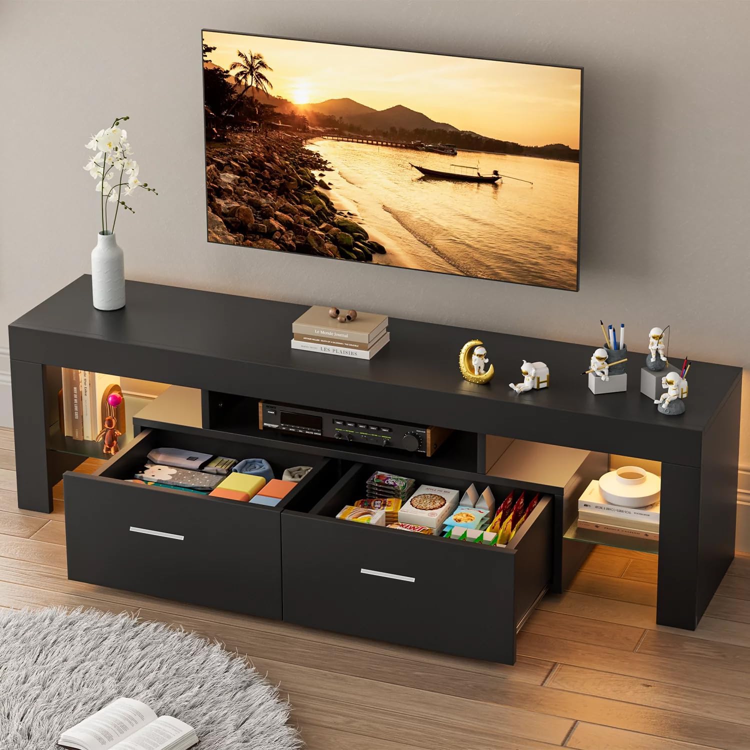 Black 63 Inch Floating TV Stand with Two Drawers & 16-Color LED Lights, Large Modern Entertainment Center for TVs Up to 75 Inches, Wooden Media Console with Open Shelf