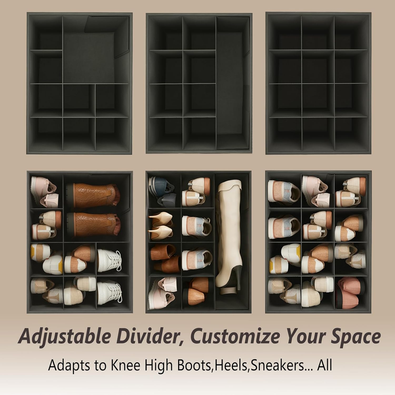 2 Pack Storage Ottoman Shoe Organizer for Closet - Adjustable Dividers Storage Box for Shoes | Clothes | Toy | Blanket, Foldable Foot Stool Small Bench Shoe Cabinet for Living Room & Bedroom