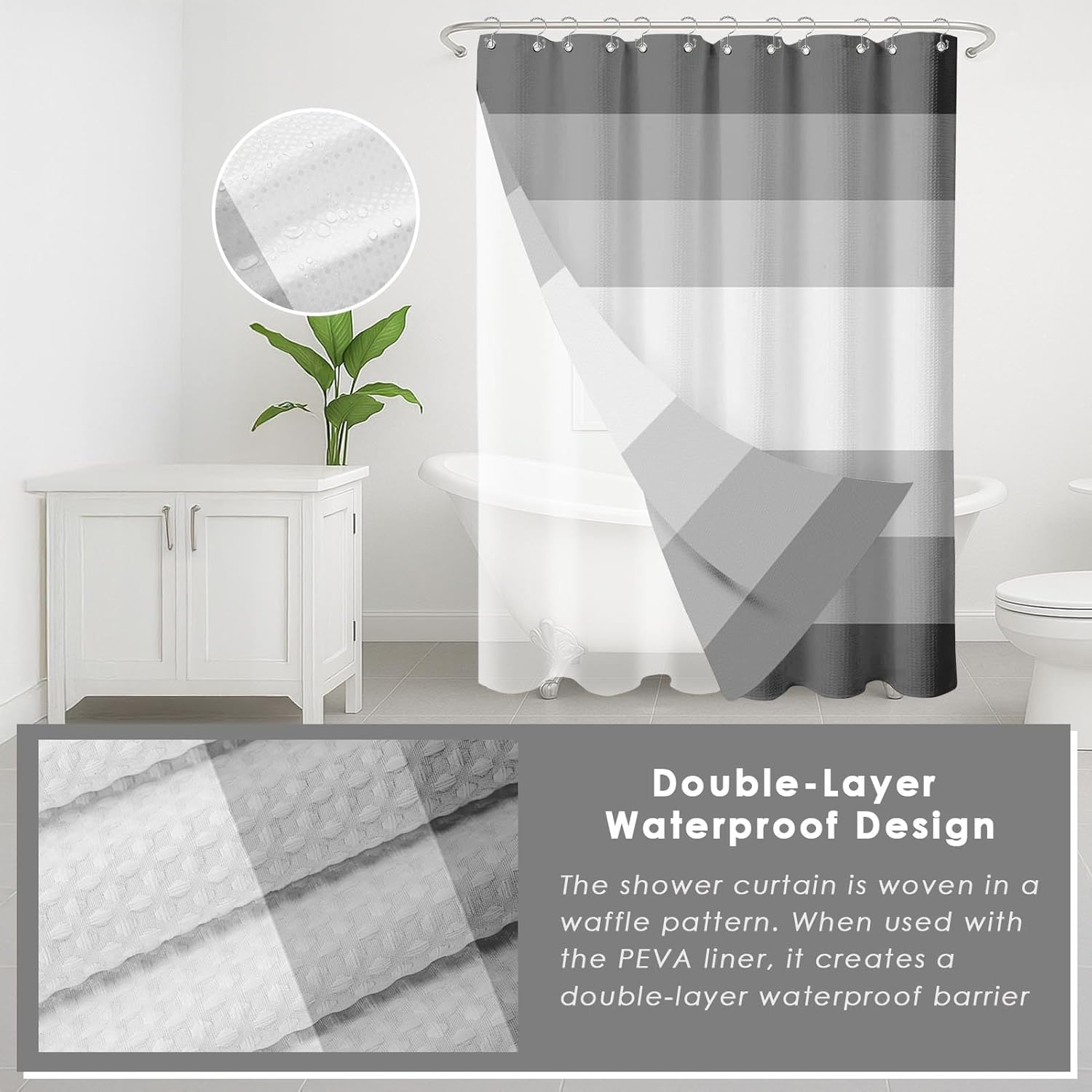 Britimes Grey Stripes Bathroom Sets with Shower Curtain and Rugs, Ombre Modern Minimalist Striped Waterproof Shower Curtain Liner and Soft Non Slip Bath Mat for Bathroom Decor and Accessories Hooks