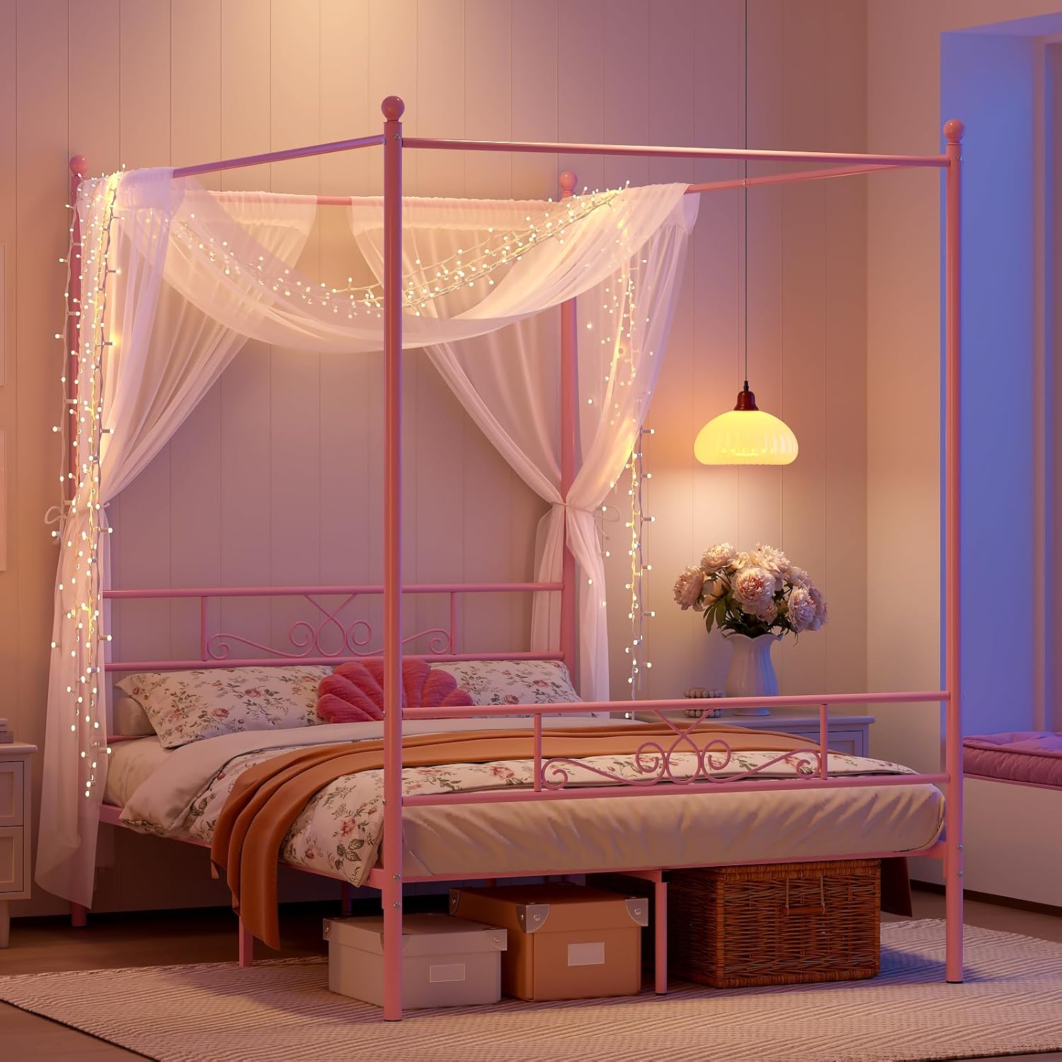 Weehom Full Canopy Bed Frame with Headboard and Footboard, 4 Posters Metal Bed Frame, No Box Spring Needed, Mattress Foundation Platform Bed for Kids and Adults, Pink