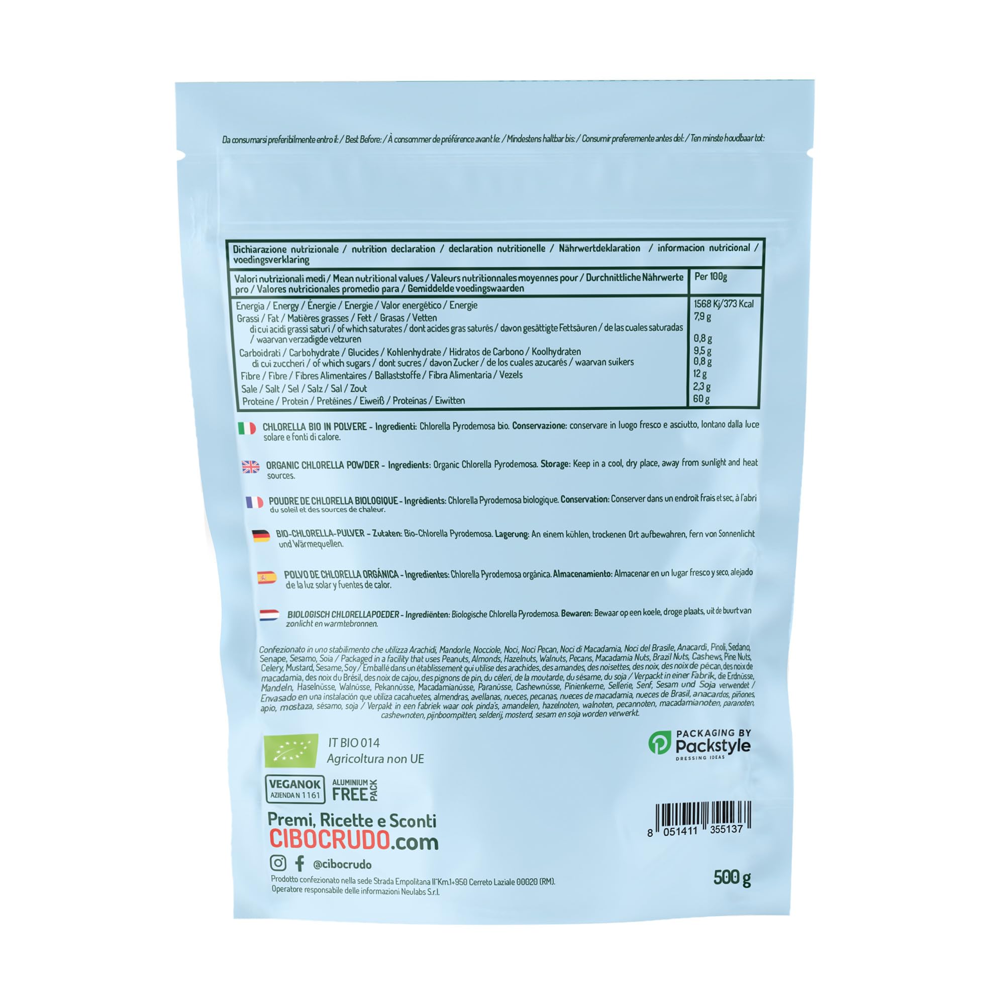 Poudre de Chlorella Bio - 500g. Algues Chlorelle Vulgaris. Avec Protéines Chlorophylle et Vitamines B12 et C Zinc et Antioxydants Pour Végétariens et Végétaliens.