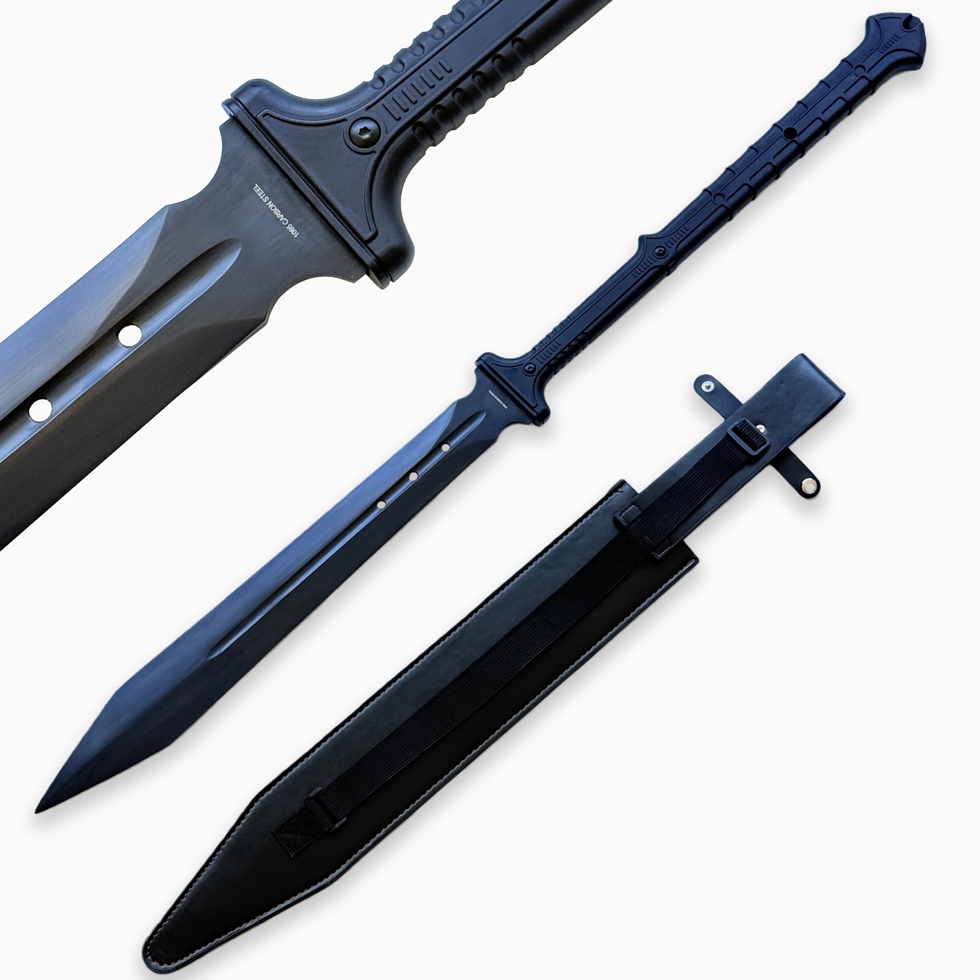 ShangYaSM Long Handled Roman Sword Black 40 inch high Manganese Steel, Leather Sheath, for Display, Collection, Outdoor use