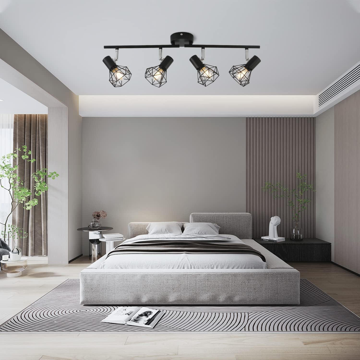 Adjustable Semi Flush Mount Ceiling Lamp Kitchen Island Fixed Track Lighting Kits Black Ceiling Light, Retro Industrial Chandelier Ceiling Lamp with Wire Cage for Farmhouse