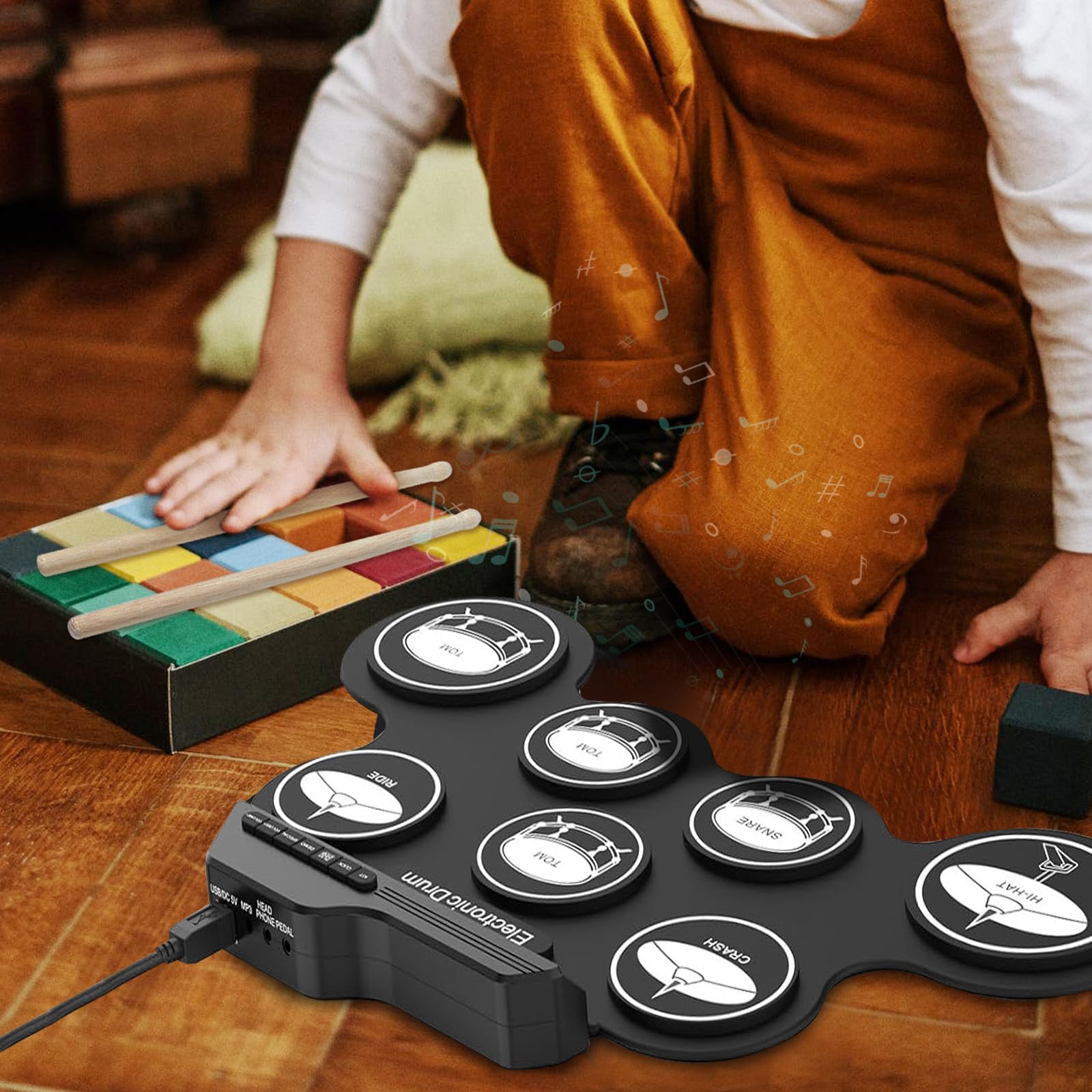 Toddmomy Kit Portátil de Pads de Batería Electrónica para Niños Silicona Ligera y Salida de Auriculares, Batería Digital Enrollable Adecuado para Práctica y Aprendizaje Musical