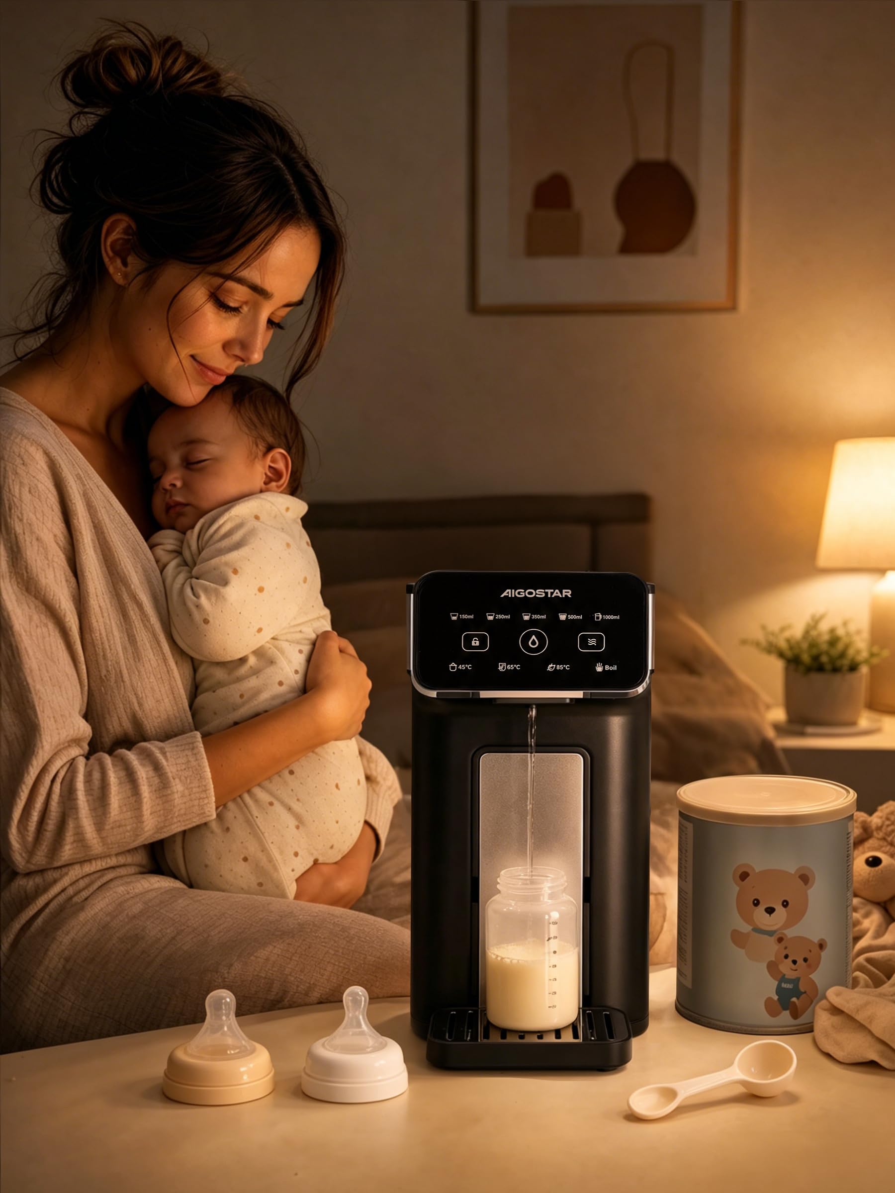 Aigostar - Distributeur d'Eau Chaude Instantané 3L Inox, Eau Chaude en 3 Secondes, 4 Températures Réglables 45-100°C, 5 Volumes 100-1000ml, Écran Tactile, Plateau Réglable en Hauteur, Sécurité Enfant
