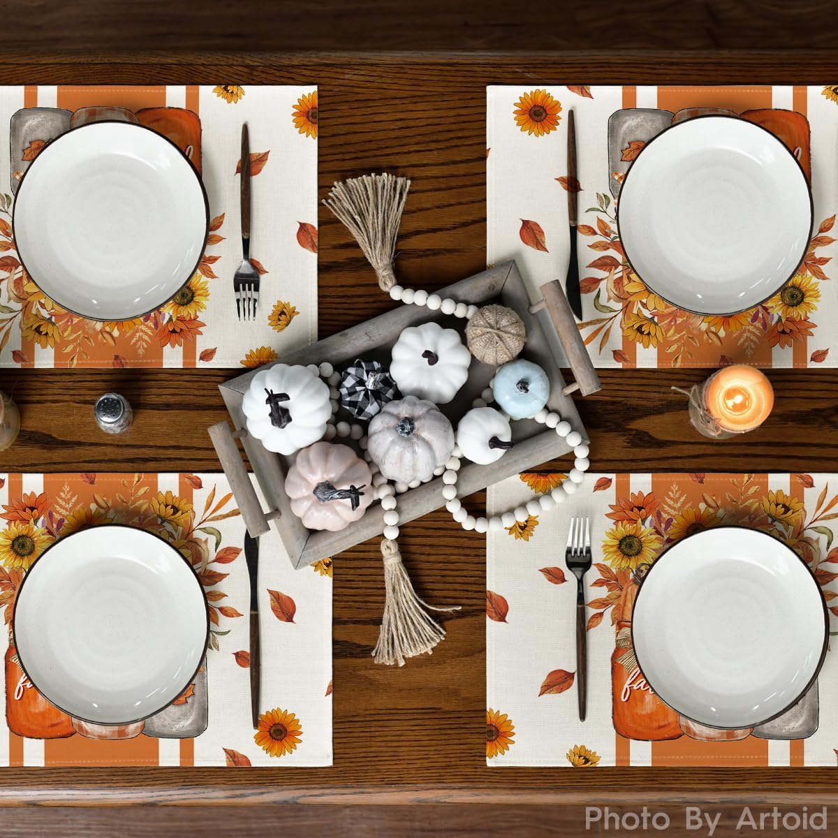Artoid Mode Sunflowers Pumpkins Fall Placemats Set of 4-12 x 18 Inch