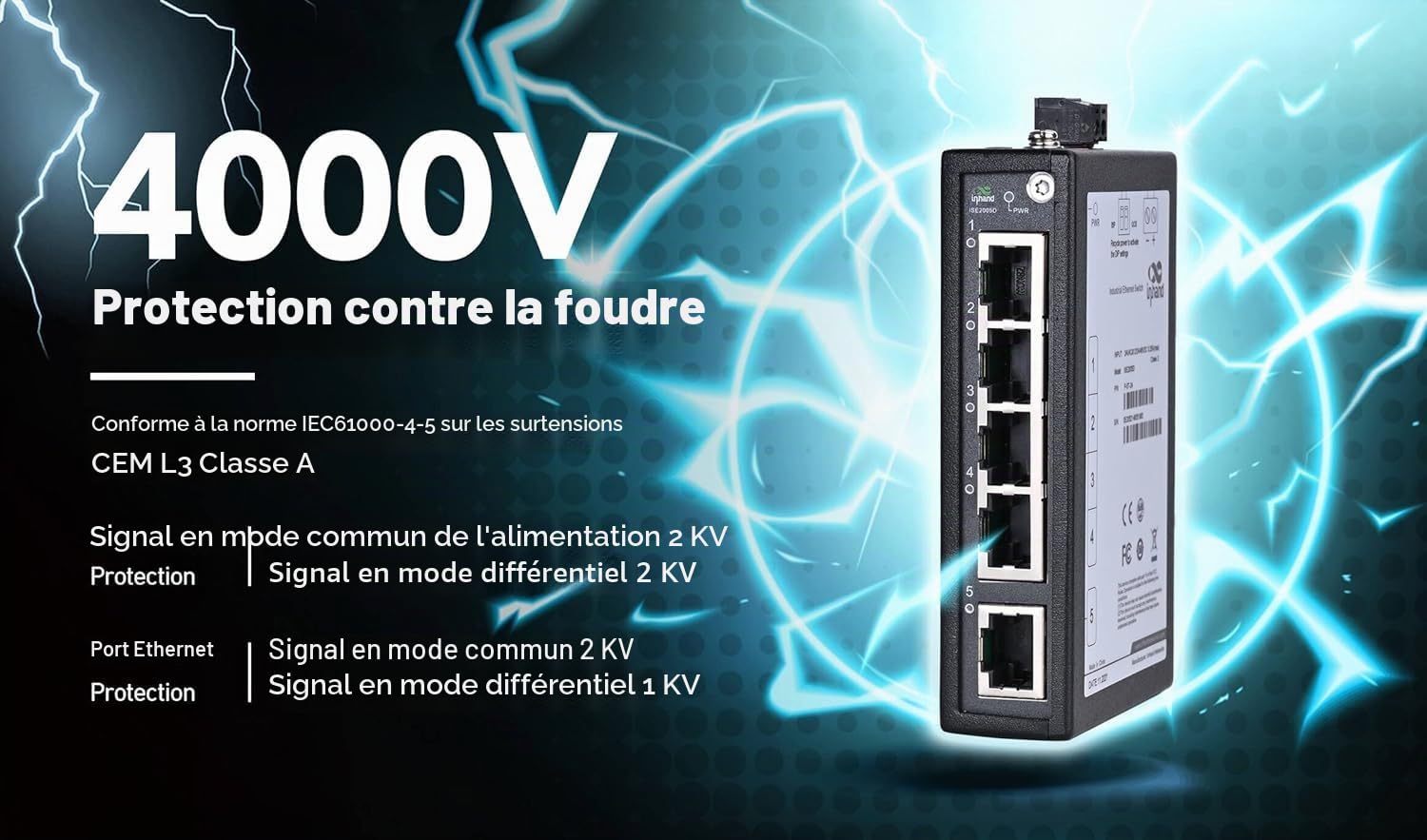 InHand Networks ISE2005D Switch Ethernet Industriel 5 Ports 10/100 Mbps, Commutateur Réseau Non Géré pour Rail DIN, Ultra-Compact, -40°C à +75°C, Certifié CE/UL (Bornier Inclus)
