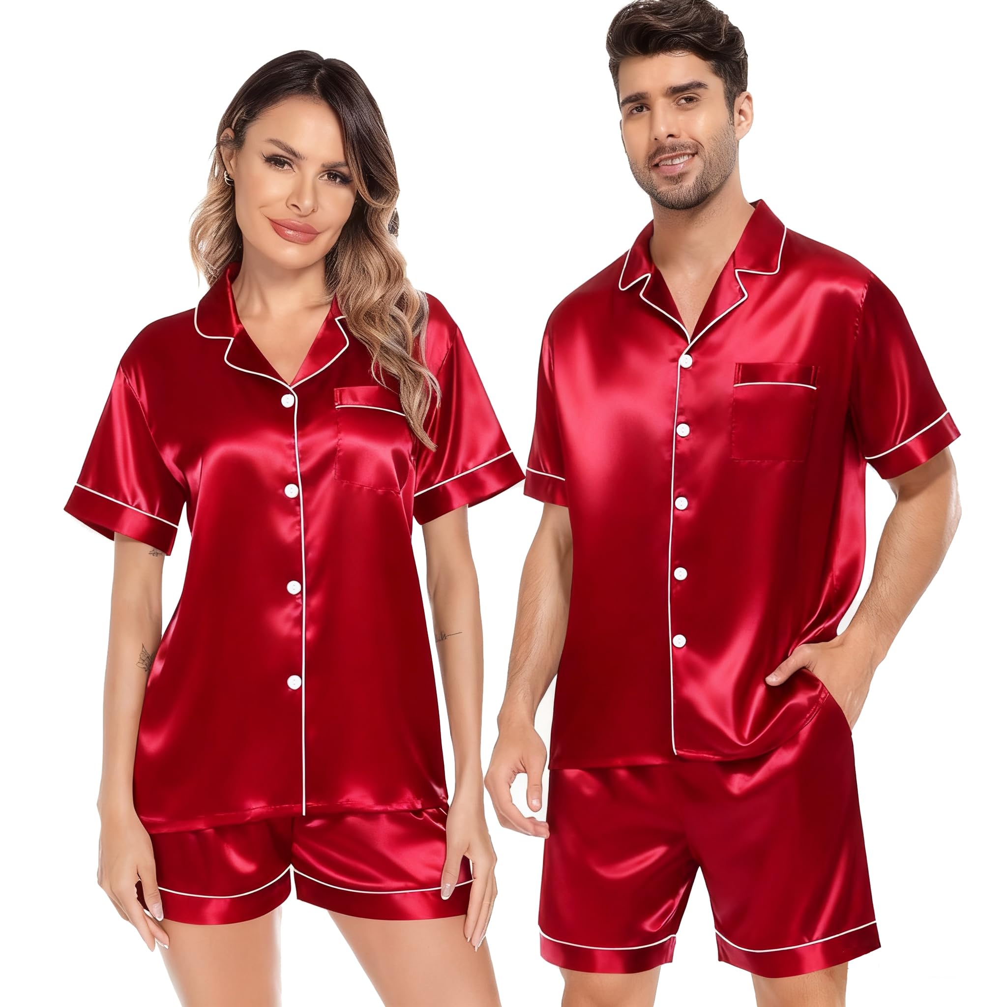 SWOMOG Satin Matching Pajamas Sets Couple Silk Button Down Nightwear Women & Men Short Sleeve Sleepwear 2 Pieces Loungewear