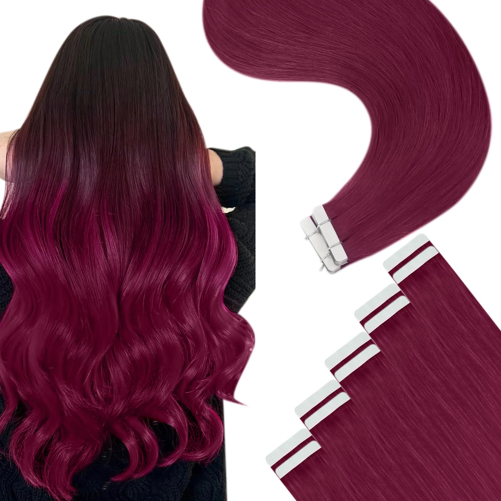 YoungSee Tape in Hair Extensions Real Human Hair Magenta Human Hair Extensions Tape in Color Tape Extensions Magenta for Party Highlights Hair 20In 10pcs 25g