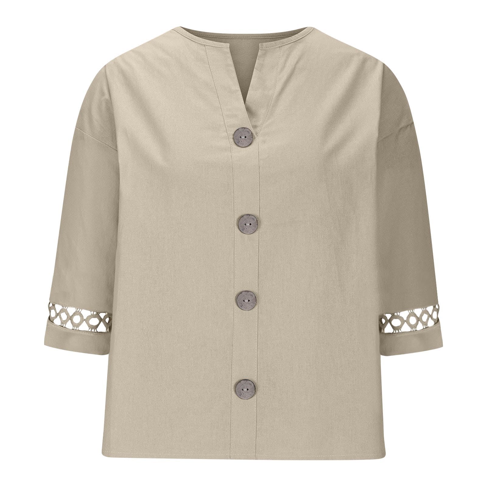 Chemise Lin Femme Été Ample Large Col V à Manches 7/8 avec Boutons Hauts Tee Shirt Grande Taille Couleur Unie Haut Polyvalents Manche Longue T-Shirt Chic et Elégant Printemps et d'été Mode