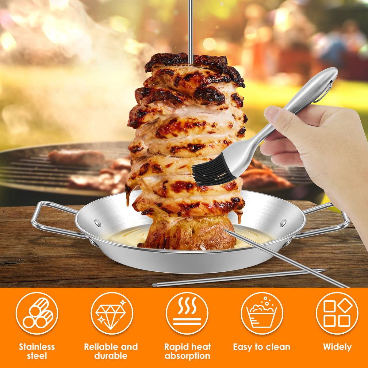 Vertical Meat Skewer, Stainless Steel BBQ Vertical Skewer Grill with 3 Removable Spikes and Oil Bottle Brush - Image 2