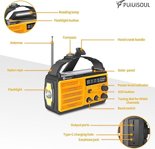 Miniatura 7 de Radio de emergencia, Puiuisoul 8000mAh radio solar portátil meteorológica con manivela, lámpara de lectura, linterna LED de 3 engranajes, alarma