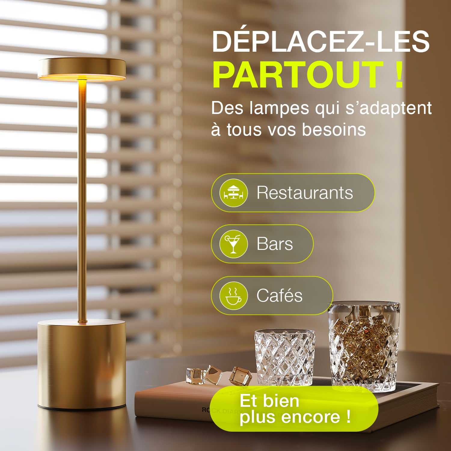 CATAVANA-Lot de 2 Lampes de table sans fil - Rechargeables LED pour Intérieur/Extérieur - Cable USB-C - Lampe Tactile avec Variateur - Design en Métal - Marque Française - Gold