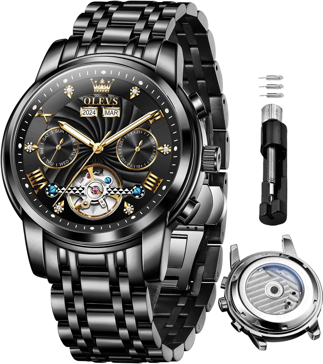 OLEVS Automatic Watches for Men Business Dress Mechanical Watch Stainless Steel Waterproof Self Winding Classic Date Luxury Diamond Skeleton Men Wristwatch