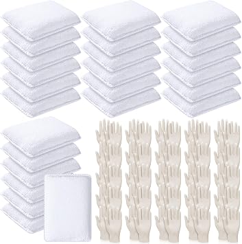 Ziliny 24 Set Wood Stain Applicators and Disposable Latex Gloves Microfiber Stain Sponge Pads for Wood and Oil Based FinishesWhite